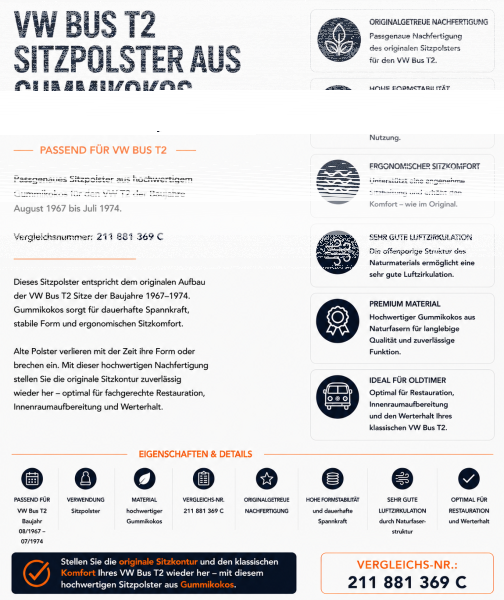 Sitzauflage Sitzpolster für Volkswagen VW Bus T2 1967-1974 Gummikokos