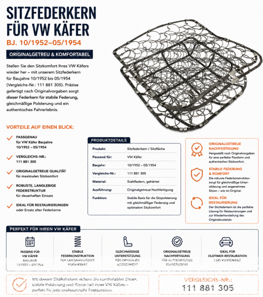 Federkern Sitzfläche für Volkswagen VW Käfer 1952-1954