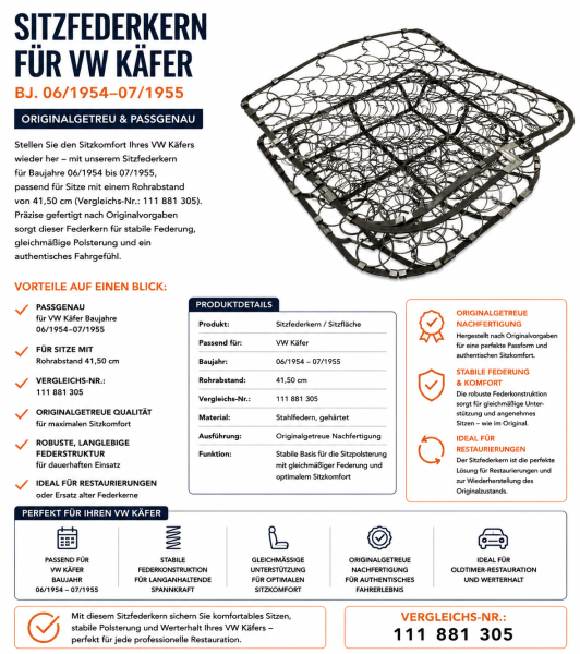 Federkern Sitzfläche für Volkswagen VW Käfer 1954-1955