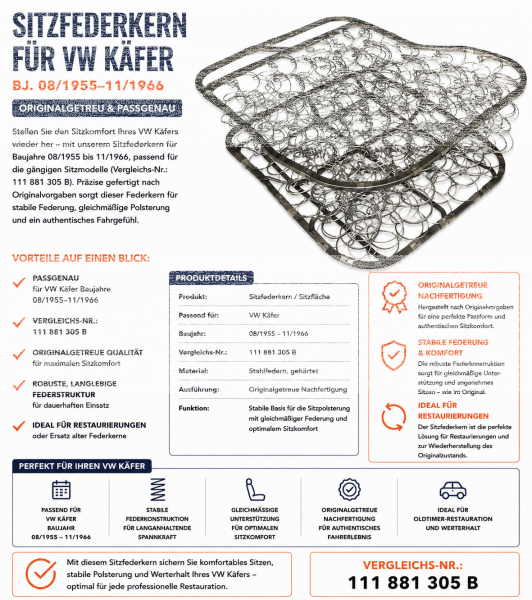 Federkern Sitzfläche für Volkswagen VW Käfer 1955-1966