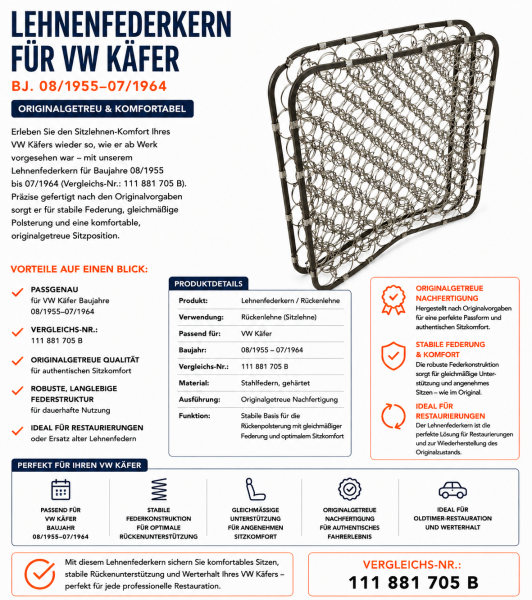 Lehnenfederkern Rückenlehne für Volkswagen VW Käfer 1955-1964