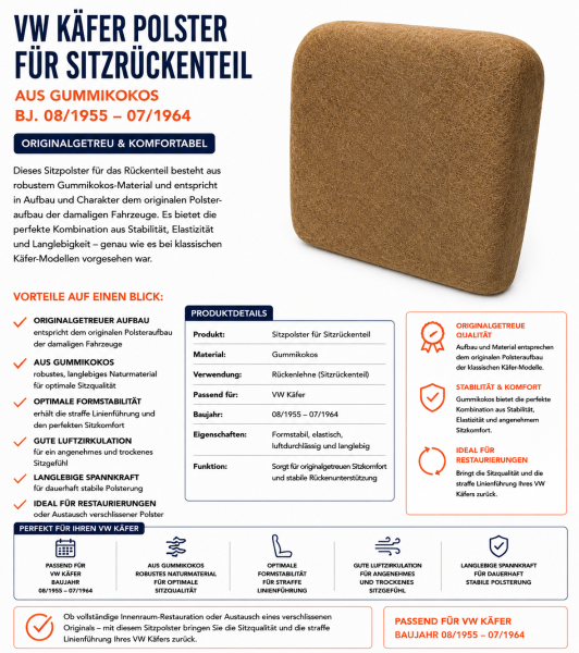 Lehnenauflage Polster Rückenlehe für Volkswagen VW Käfer 1955-1964 Gummikokos