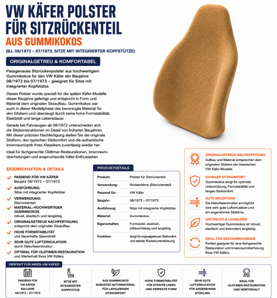 Lehnenauflage Polster Rückenlehe mit Kopfstütze für Volkswagen VW Käfer 1972-1973 Gummikokos