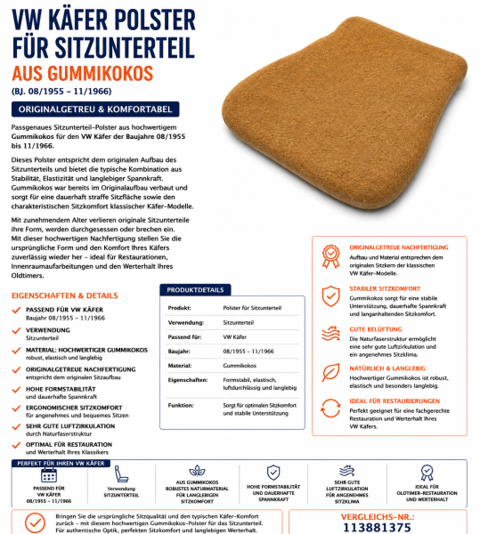 Sitzauflage Sitzpolster für Volkswagen VW Käfer 1955-1966 Gummikokos