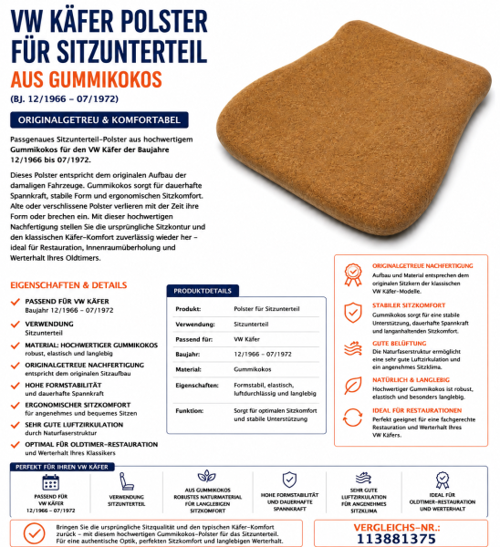 Sitzauflage Sitzpolster für Volkswagen VW Käfer 1966-1972 Gummikokos