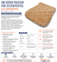 Sitzauflage Sitzpolster für Volkswagen VW Käfer 1966-1972 Gummikokos
