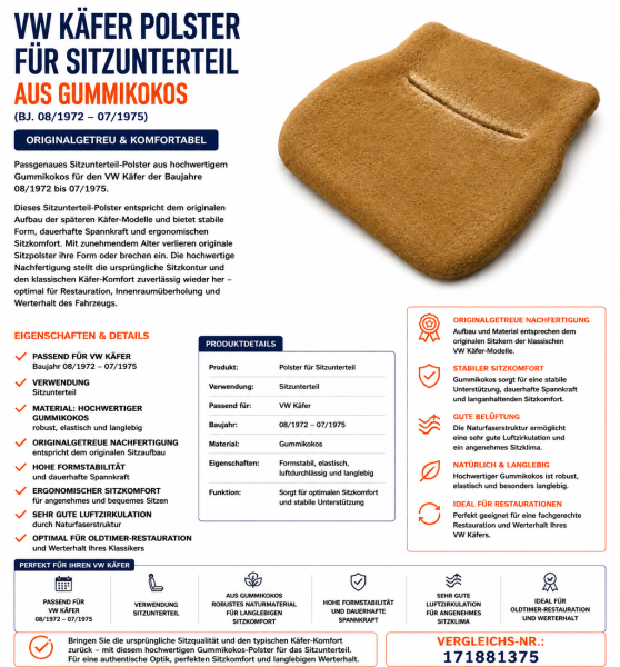 Sitzauflage Sitzpolster für Volkswagen VW Käfer 1972-1975 Gummikokos