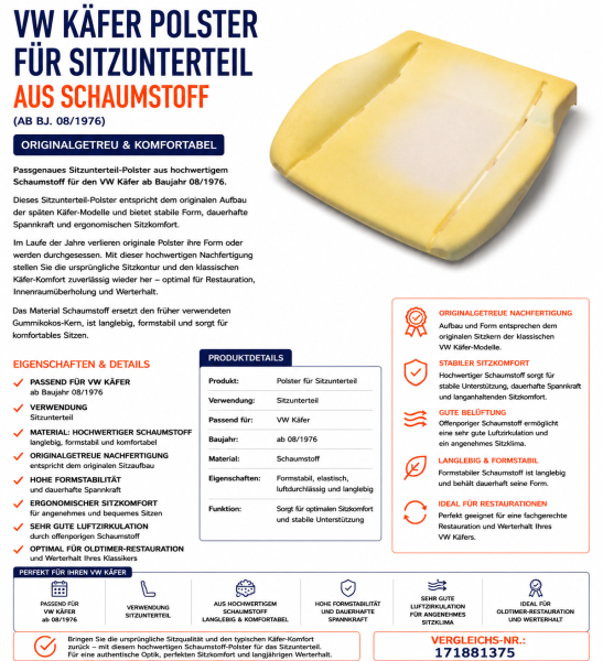 Sitzauflage Sitzpolster für Volkswagen VW Käfer ab 08.1976 Schaumstoff