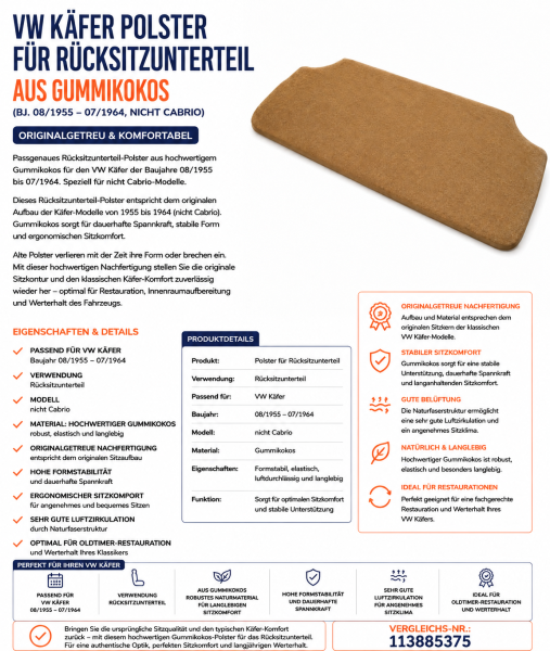 Sitzauflage Sitzpolster Rückbank für Volkswagen VW  Käfer 1955-1964 Gummikokos