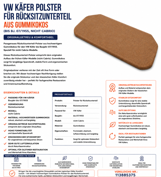 Sitzauflage Sitzpolster Rückbank für Volkswagen VW  Käfer bis 07/1955 Gummikokos