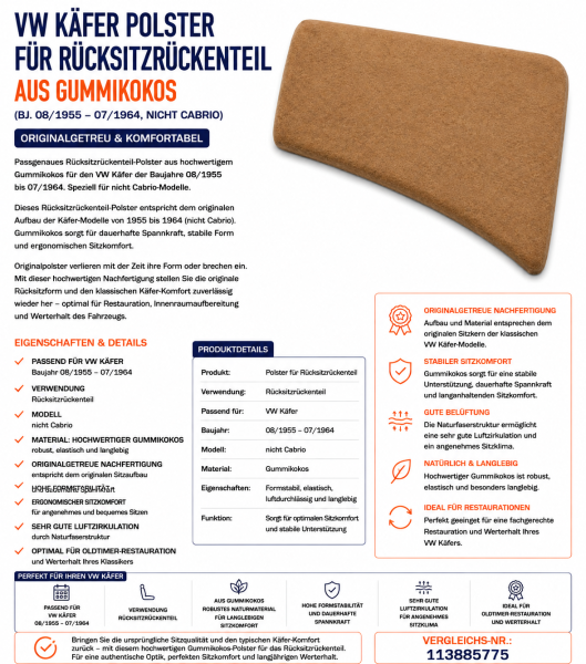 Lehnenauflage Polster Rückenlehe Rückbank für Volkswagen VW Käfer 1955-1964 Gummikokos