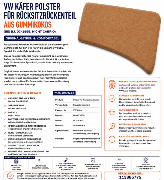 Lehnenauflage Polster Rückenlehe Rückbank für Volkswagen VW Käfer bis 07.1955 Gummikokos