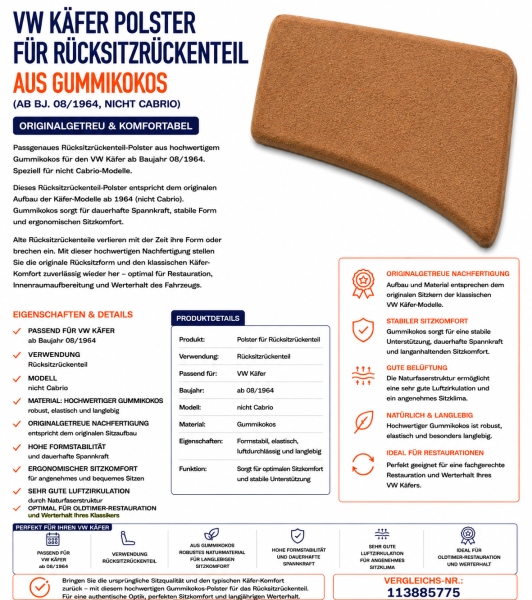 Lehnenauflage Polster Rückenlehe Rückbank für Volkswagen VW Käfer ab 08.1964 Gummikokos